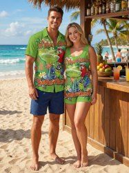 Matching Hawaii Shirt and Romper Plus Size Beach Outfit Parrot Fruit Juice Flowers Leaf Printed for Couples -  