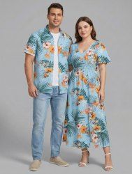 Hibiscus Flowers Tropical Leaf Print Matching Hawaii Beach Outfit For Couples -  