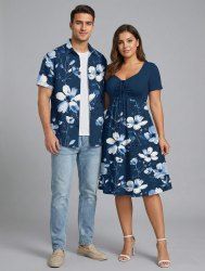Flowers Leaf Print Plus Size Matching Hawaii Beach Outfit For Couples -  