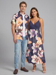 Ensemble de plage hawaïen assorti grande taille à imprimé fleurs et feuilles pour couples - Concorde 