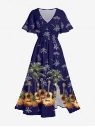 Robe midi trapèze grande taille à imprimé guitare et cocotiers, ananas et guitare, style hawaïen, avec poches fendues - Bleu profond S