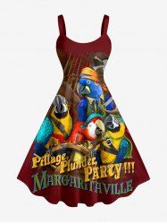 Robe trapèze grande taille imprimée cocotier, perroquet et lettres pirates, motif croisière hawaïenne - Rouge foncé 5X