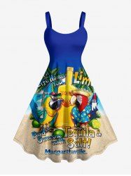 Parrot Bottle Coconut Tree Lemon Print Hawaii Tank Dress - Bleu Ciel 4X