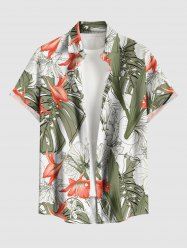 Tropical Leaf Hibiscus Flower Print Hawaii Button Pocket Shirt For Men -  