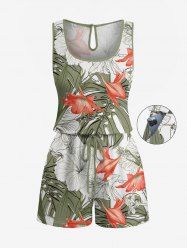Tropical Leaf Hibiscus Flower Print Hawaii Drawstring Pocket Romper -  
