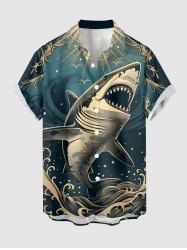 Chemise à poches boutonnées grande taille pour homme, imprimé requins, vagues et soleil, créatures marines d'Hawaï - Paon Bleu S