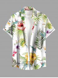 Plus Size Hibiscus Flowers Tropical Leaf Pineapple Bird Print Buttons Pocket Hawaii Shirt For Men -  