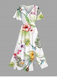 Robe midi fendue hawaïenne grande taille à imprimé hibiscus, feuilles tropicales, ananas et oiseaux - Blanc S