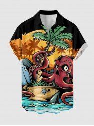 Coconut Tree Octopus Cartoon Graphic Print Hawaii Button Pocket Shirt For Men -  