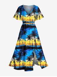 Robe midi fendue hawaïenne à imprimé de cocotiers et de voiliers, grande taille - Bleu profond 5X