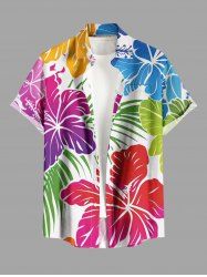 Chemise à poches boutons grande taille pour homme, imprimée de fleurs d'hibiscus et de feuilles tropicales, style hawaïen. - Blanc 5XL