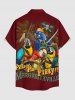Coconut Tree Parrot Pirate Letters Print Hawaii Cruise Button Pocket Shirt For Men -  