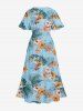 Robe midi hawaïenne fendue à imprimé feuilles tropicales et fleurs d'hibiscus (grande taille) - Bleu Toile de Jean 5X