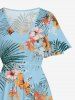 Robe midi hawaïenne fendue à imprimé feuilles tropicales et fleurs d'hibiscus (grande taille) - Bleu Toile de Jean 5X