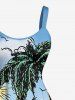 Robe débardeur grande taille imprimée paysage marin, cocotier, bateau soleil et vagues, style hawaïen - Bleu Ciel 5X