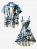 Robe débardeur grande taille imprimée paysage marin, cocotier, bateau soleil et vagues, style hawaïen - Bleu Ciel 5X