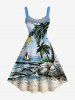 Robe débardeur grande taille imprimée paysage marin, cocotier, bateau soleil et vagues, style hawaïen - Bleu Ciel 5X