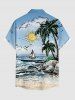 Chemise hawaïenne grande taille pour homme, imprimé paysage marin, cocotier, soleil, bateau et vagues, boutons et poche. - Bleu Ciel S