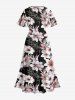 Robe midi hawaïenne fendue à imprimé tropical fleurs et feuilles, grande taille - Noir 5X