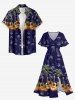 Robe midi trapèze grande taille à imprimé guitare et cocotiers, ananas et guitare, style hawaïen, avec poches fendues - Bleu profond S