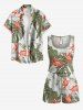 Tropical Leaf Hibiscus Flower Print Hawaii Drawstring Pocket Romper -  