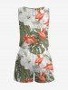 Tropical Leaf Hibiscus Flower Print Hawaii Drawstring Pocket Romper -  