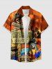 Chemise hawaïenne grande taille pour homme, imprimée avec un crâne de perroquet, un pirate et un motif ombré de ciel, orné d'un cocotier et d'un enseigne. Motif : cocotier, crâne et perroquet. - Brun Légère S