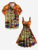Robe trapèze grande taille imprimée cocotier, crâne de perroquet, pirate et ciel ombré, style hawaïen - Brun Légère S
