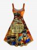 Robe trapèze grande taille imprimée cocotier, crâne de perroquet, pirate et ciel ombré, style hawaïen - Brun Légère S