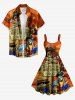 Robe trapèze grande taille imprimée cocotier, crâne de perroquet, pirate et ciel ombré, style hawaïen - Brun Légère S