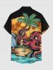 Coconut Tree Octopus Cartoon Graphic Print Hawaii Button Pocket Shirt For Men -  