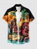 Coconut Tree Octopus Cartoon Graphic Print Hawaii Button Pocket Shirt For Men -  