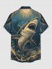 Chemise à poches boutonnées grande taille pour homme, imprimé requins, vagues et soleil, créatures marines d'Hawaï - Paon Bleu M