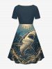 Robe trapèze grande taille à imprimé requin, vagues et soleil, créatures marines d'Hawaï - Paon Bleu 5X