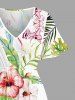Robe midi fendue hawaïenne grande taille à imprimé hibiscus, feuilles tropicales, ananas et oiseaux - Blanc S