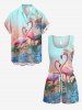 Combinaison hawaïenne grande taille à imprimé flamant rose et feuilles tropicales ombrées, cintrée - Bleu clair 5X