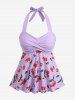 1950s Retro Cherry Dots Print Halter Ruched Cinched Boyleg Tankini Swimsuit -  