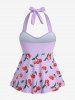 1950s Retro Cherry Dots Print Halter Ruched Cinched Boyleg Tankini Swimsuit -  