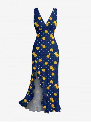 Flower Pin Dot Print Hawaii Ruffles Split Dress - NAVY BLUE - S