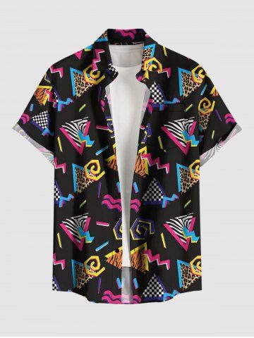 Chemise hawaïenne grande taille à carreaux léopard et imprimé triangle, boutons et poche, pour homme - BLACK - 6XL
