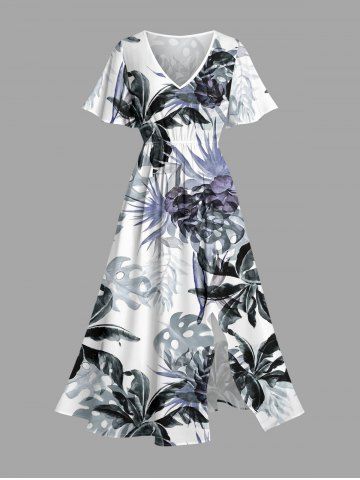 Robe mi-longue hawaïenne fendue à imprimé floral et feuilles grande taille - WHITE - 5X