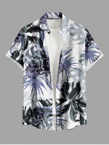 Chemise hawaïenne grande taille à imprimé floral et feuilles, boutons et poche pour homme - WHITE - M