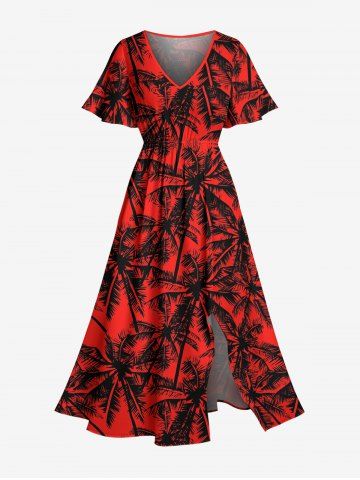 Robe mi-longue hawaïenne fendue à imprimé cocotier grande taille - RED - 6X