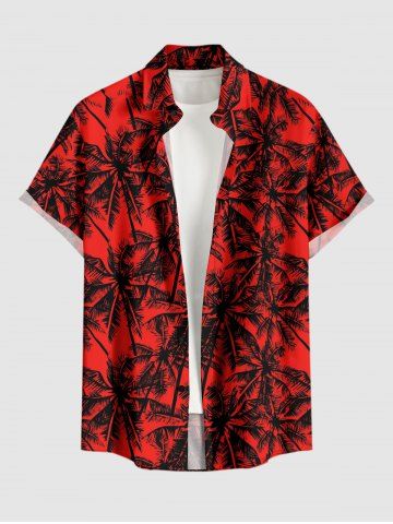 Plus Size Coconut Tree Print Buttons Pocket Hawaii Shirt For Men - RED - 5XL