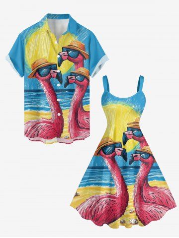 Ensemble de plage hawaïen assorti pour couples, imprimé flamants roses, mer et soleil, grandes tailles