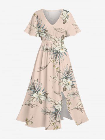 Robe midi hawaïenne fendue à imprimé tropical fleurs et feuilles, grande taille - ROSE - M
