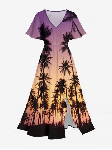 Plus Size Coconut Tree Ombre Print Split Hawaii Midi Dress - PURPLE - 4X