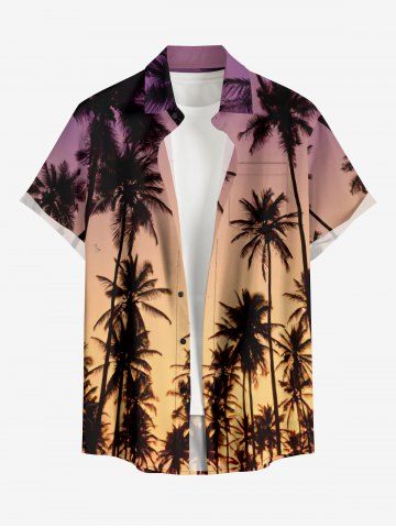 Plus Size Coconut Tree Ombre Print Buttons Pocket Hawaii Shirt For Men - PURPLE - S
