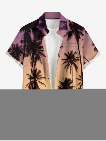 Plus Size Coconut Tree Ombre Print Buttons Pocket Hawaii Shirt For Men - PURPLE - M