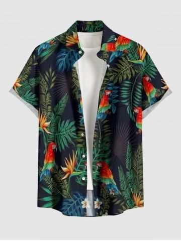 Plus Size Parrot Flowers Tropical Leaf Print Buttons Pocket Hawaii Shirt For Men - BLACK - 4XL